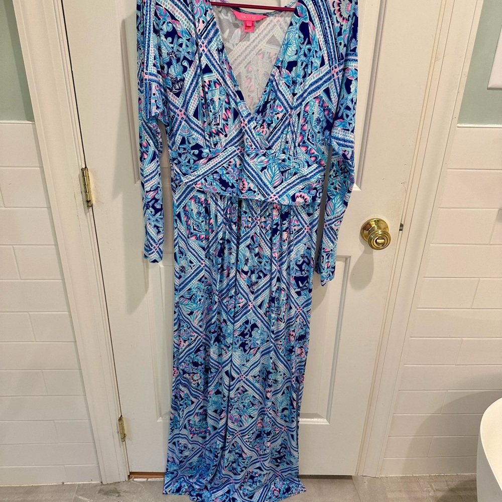 Lilly Pulitzer Blue and White Long Sleeve Resort Gown